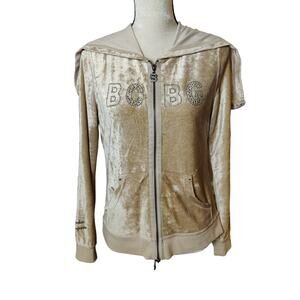 Y2K BCBG Womens Sz L Gold Velour Track Hooded Jacket Rhinestone Bling Sweatshirt